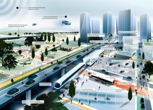 Rodovias do futuro: as ciclovias e as calçadas convivem com rodovias solares e carros autônomos. Imagem: ARUP.