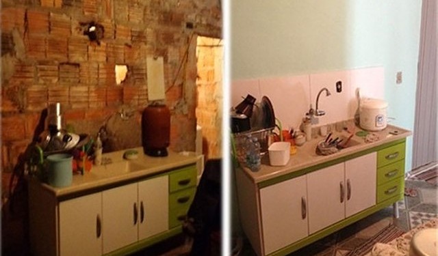 Cozinha antes e depois. Foto: Habitat para a Humanidade.