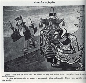 Revista Fon-Fon, janeiro de 1908: um samurai espreita o Tio Sa. Imagem: Reprodução