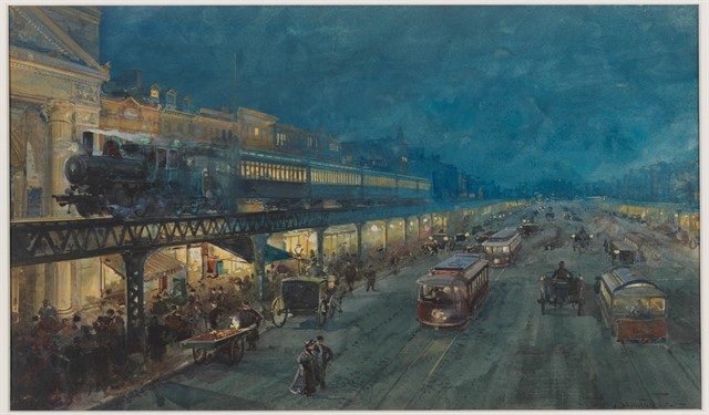 Bairro Bowery à noite, em 1895. Aguarela de William Louis Sonntag, Jr. Imagem: Museum of the City of New York.