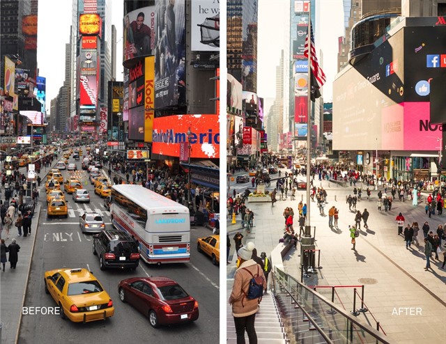 Times Square, em Nova York, antes e depois. Foto: Michael Grimm / NYC DOT.