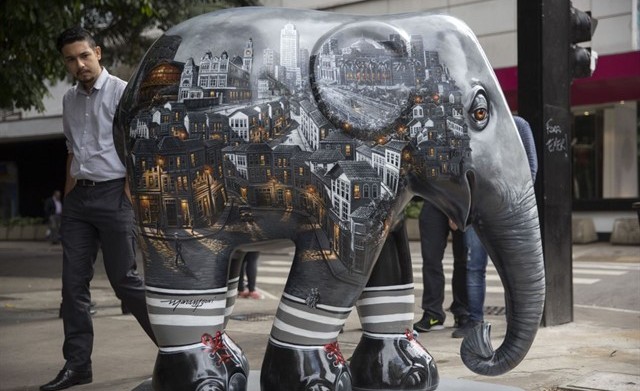 Morador admira obra da 'Elephant Parade' na Avenida Paulista. Foto: Sebastião Moreira / EFE.