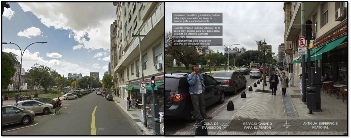 Calle Libertador, Buenos Aires. Antes e depois do aumento da largura das calçadas. Foto: Rodrigo Diaz.