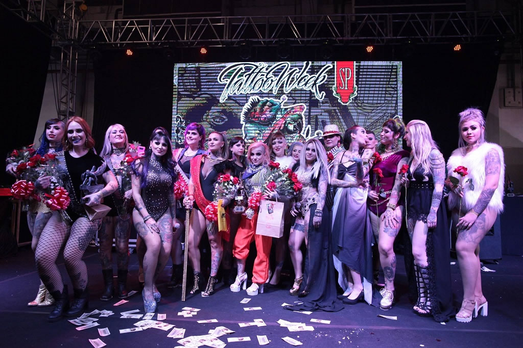 As concorrentes do Concurso Miss Tattoo SP em 2017. Foto: Divulgação.