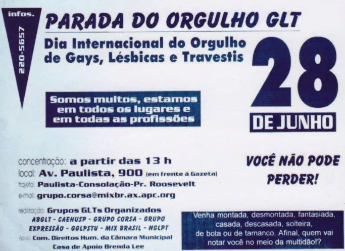 Convite da Parada em 1997 quando ela se instala na Avenida Paulista. Imagem: Reprodução.