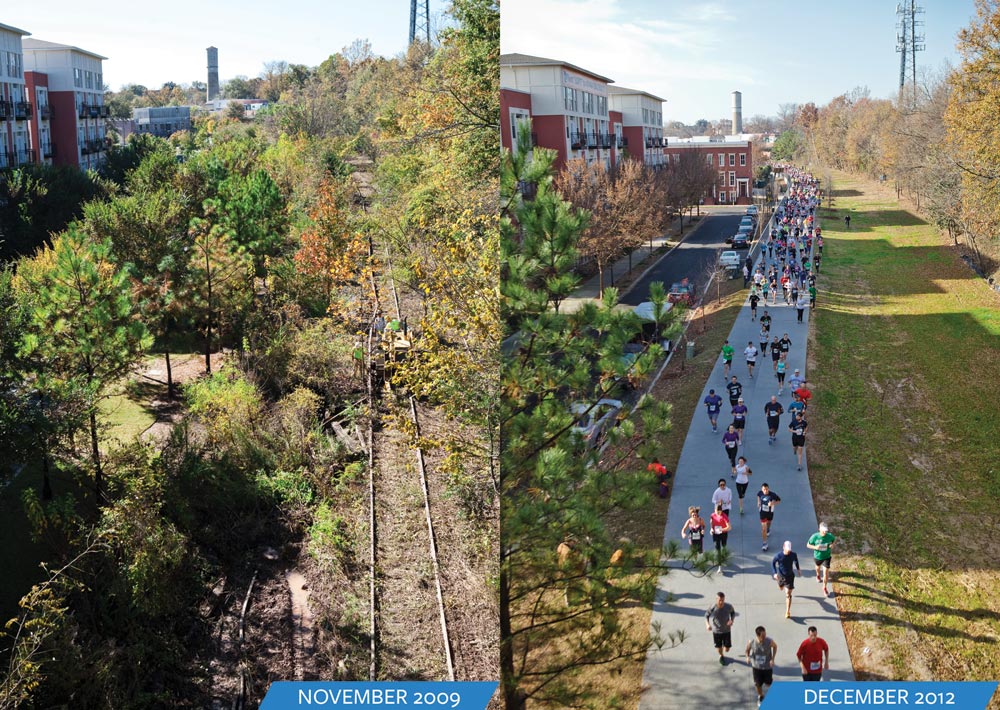 O Atlanta Beltline (antes e depois) reaproveita linhas ferroviárias extintas em caminhos e parques. Imagem: Divulgação.