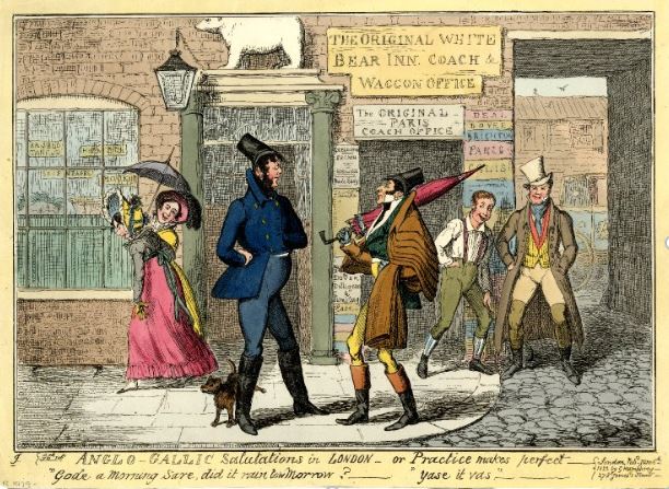 Ilustração do século 19 ironiza dois franceses chamando atenção nas calçadas londrinas. Imagem: George Cruikshank / British Museum.