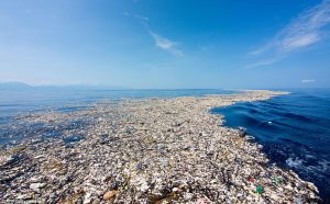 Uma massa de resíduos de plástico reciclável que flutuam na costa de Honduras no Caribe. Foto: Getty Images.