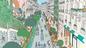 A ideia por trás das cidades de 15 minutos foi desenvolvida por Carlos Moreno, um professor da Sorbonne que visava melhorar a qualidade de vida urbana. Imagem: Paris en Common.